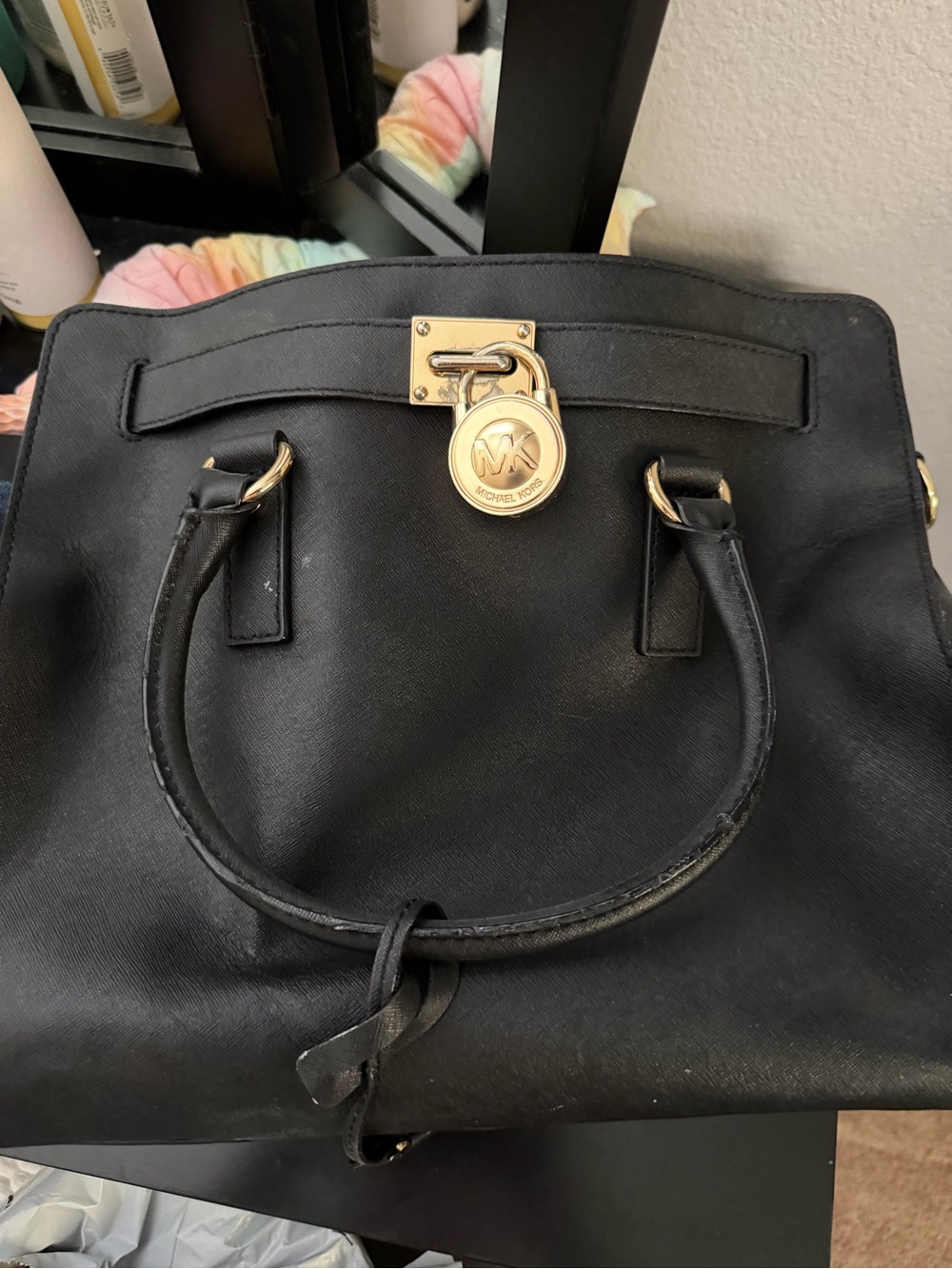 Michael Kors Black Satchel with Gold MK Lock Charm